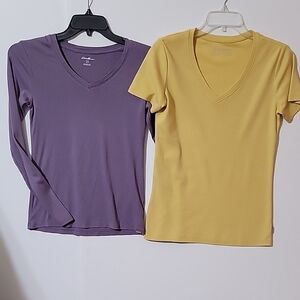 EDDIE BAUERWomen's V-Neck Tops - Purple and Yellow, Sizes S & M